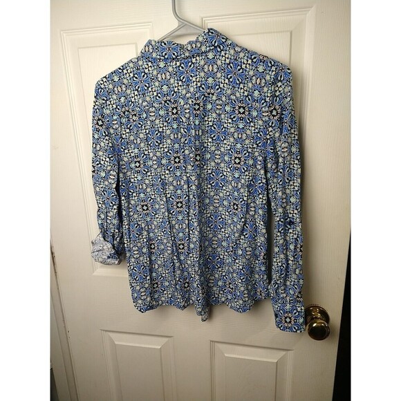 Talbots Blue Artsy Tie Collared Button Front Roll Tab Sleeve Blouse. Size MP - Picture 10 of 10